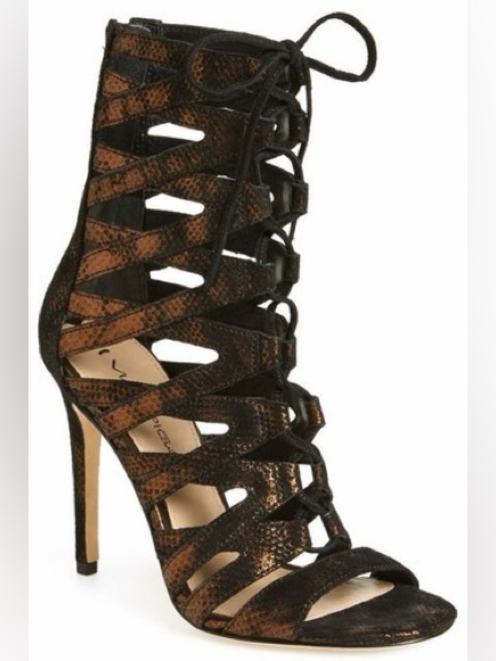 Via Spiga Brown Snake-Print Lace-Up Stiletto Sandals